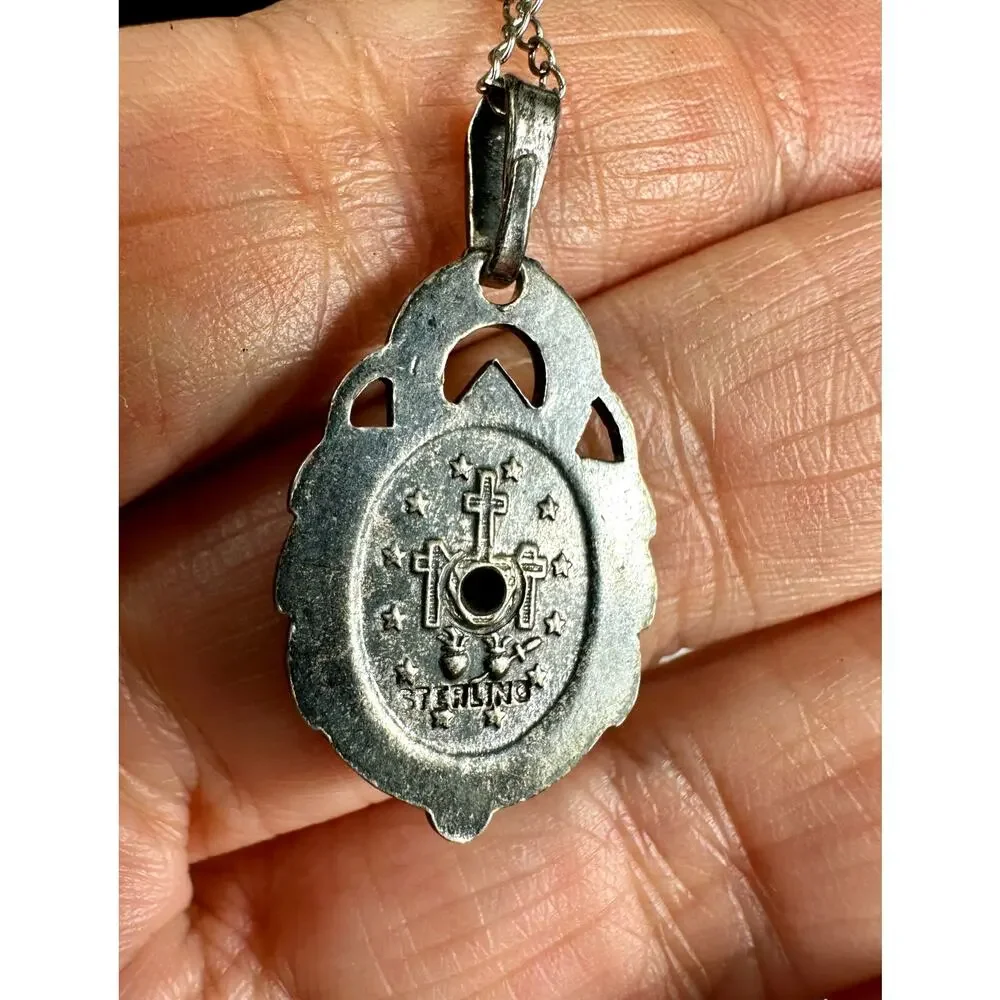 Vintage Marvel Sterling Silver Miraculous Medal Necklace Marcasite Pendant 16